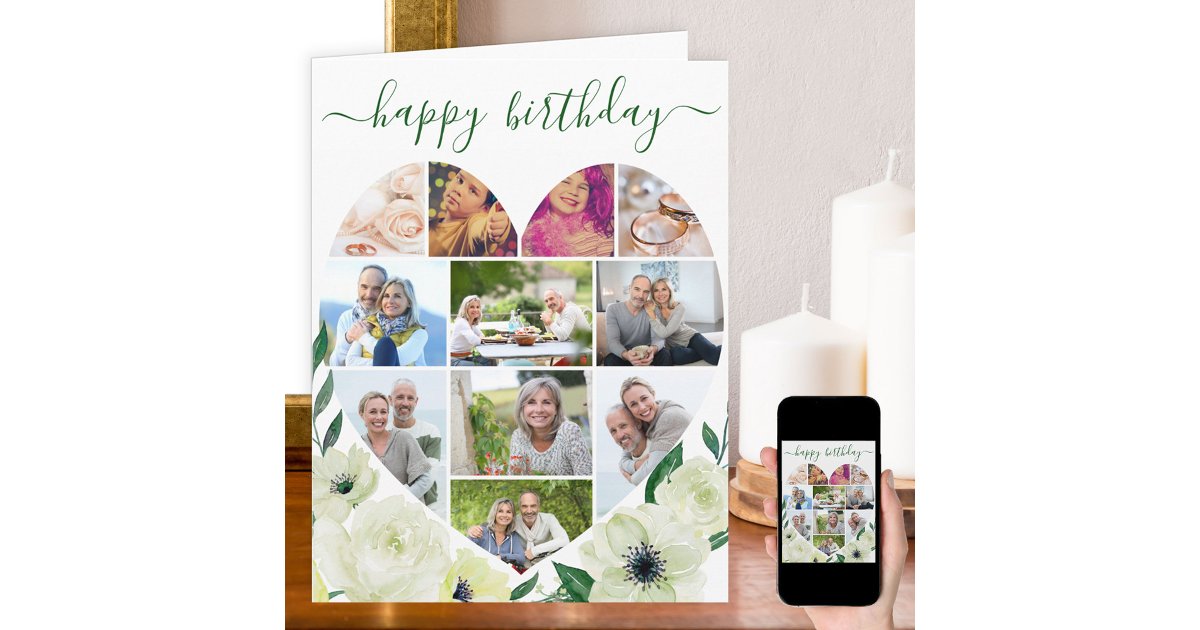 Heart 11 Photo Collage White Rose Happy Birthday Card Zazzle