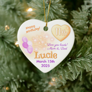 Heart 11th Birthday Girl Daughter lilac & gold Ceramic Ornament
