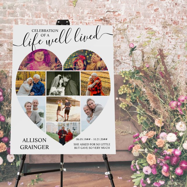Heart 9 Photo Collage Life Well Lived Funeral Foam Board (Creator Uploaded)