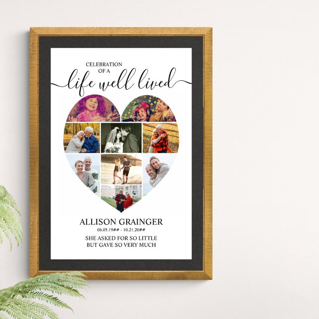 Heart 9 Photo Collage Life Well Lived Funeral Poster (Funeral memorial poster to order professionally printed or as a printable digital download)