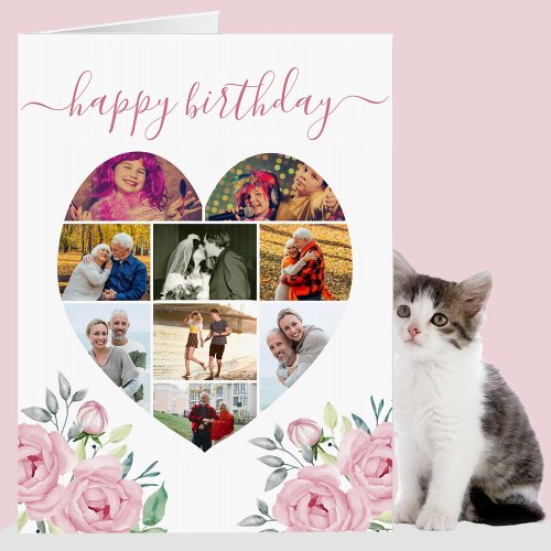 Heart 9 Photo Collage Pink Peony Big Birthday Card