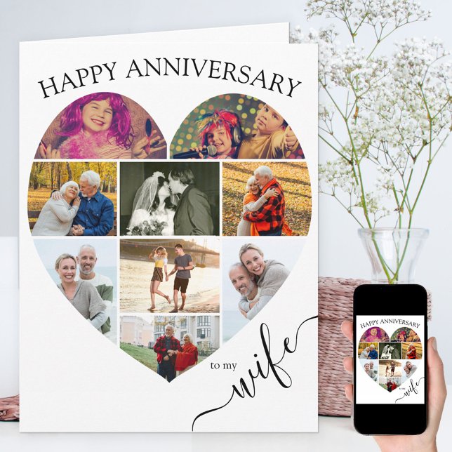 Heart 9 Photo Collage Wife Script Anniversary Card (Creator Uploaded)