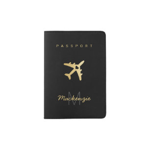 Heart Airplane Love Name + Initials Black Gold Passport Holder