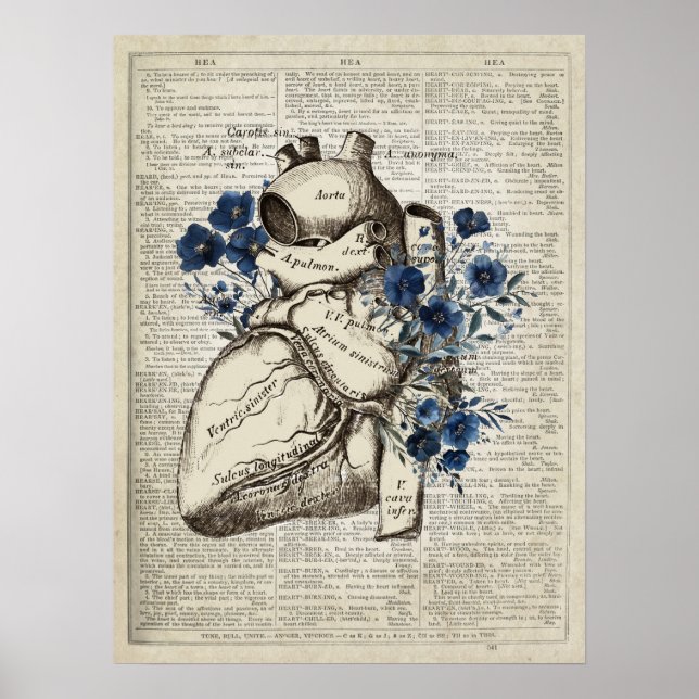 Heart Anatomy with Blue Flowers Dictionary Art Poster (Front)