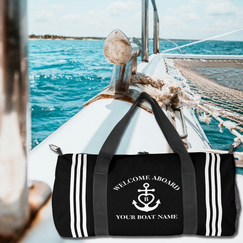 Heart Anchor Boat Name Monogram Black Duffle Bag