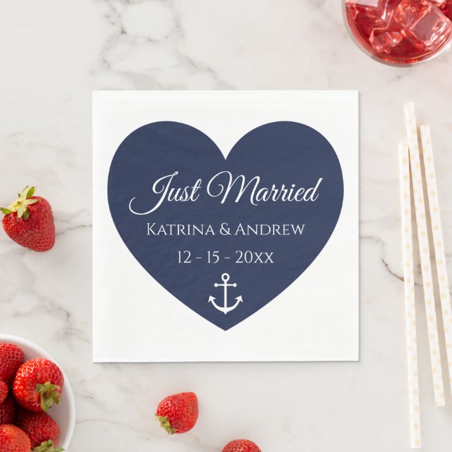 Heart Anchor Navy Nautical Just Married Wedding Na Napkins (Insitu)