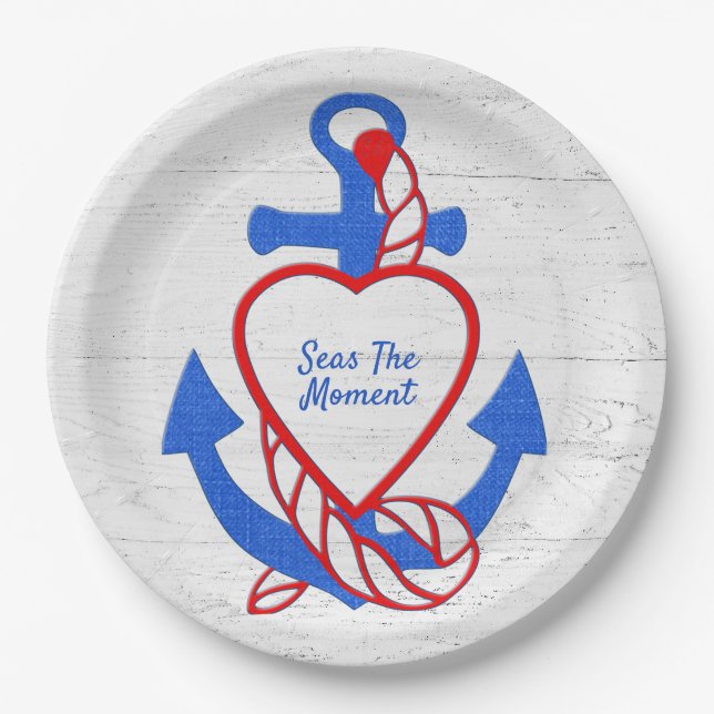 Heart Anchor On Whitewashed Wood Paper Plates (Front)