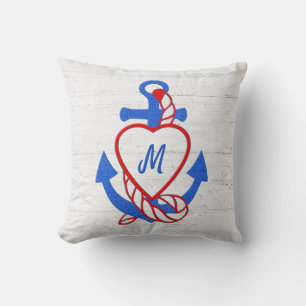 Heart Anchor On Whitewashed Wood Throw Pillow