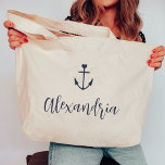 Heart Anchor Personalized Name Bachelorette Large Tote Bag<br><div class="desc">Welcome bridesmaids and friends to your nautical or boating bachelorette party with these cute personalized tote bags. Design features a navy blue ship's illustration topped by a small heart, with a line of custom cursive script text beneath. Customize with each guest's name for a welcome tote that matches your bachelorette...</div>