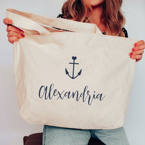 Heart Anchor Personalized Name Bachelorette Large Tote Bag