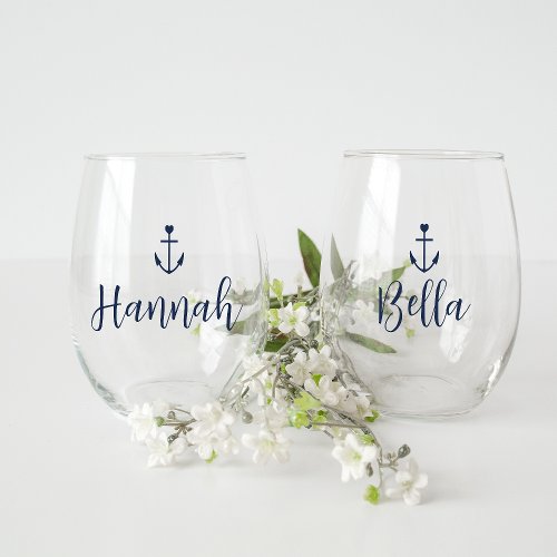 Heart Anchor Personalized Name Bachelorette Stemless Wine Glass
