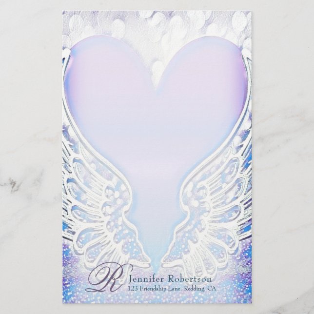 Heart and Angel Wings Monogram Stationery (Front)