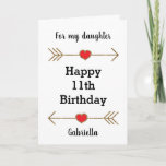 Heart and Arrows Happy 11th Birthday Daughter Card<br><div class="desc">A personalized Happy 11th birthday card for daughter, which you can easily personalize with her name. Features gold glitter arrows with red hearts. Please note there is not actual glitter on the birthday card, but a design effect. Inside this 11th birthday granddaughter card reads a birthday message, which you can...</div>