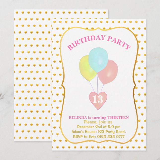 Heart and Balloons 13th Birthday Invitation (Front/Back)
