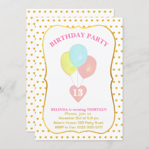 Heart and Balloons 13th Birthday Invitation