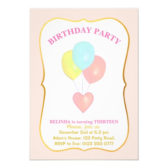 Heart and Balloons 13th Birthday Invitation | Zazzle.com