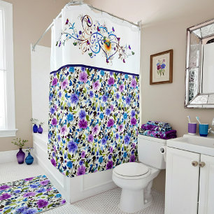 Heart and butterflies floral shower curtain