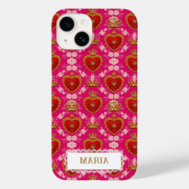Heart and Crown Fuchsia Pink Maximalist Custom Case-Mate iPhone Case (Back)