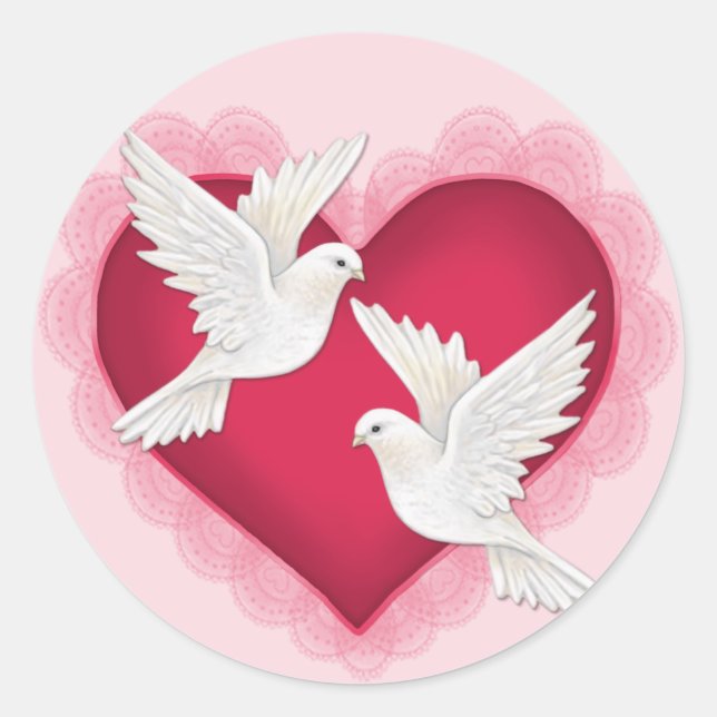 Heart and Doves - Pink Classic Round Sticker (Front)