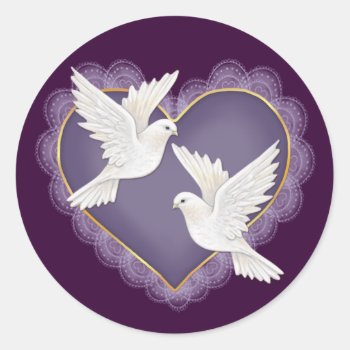 Heart And Doves - Purple Classic Round Sticker by Spice at Zazzle