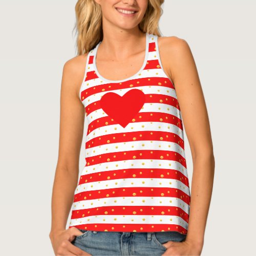 Heart and golden confetti on red white striped tank top