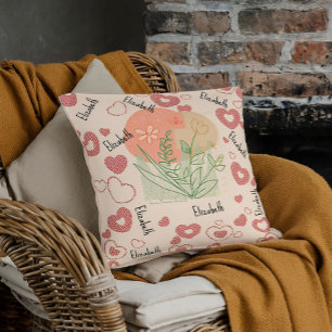 Heart and Name Vintage Pattern Floral Nursery Throw Pillow