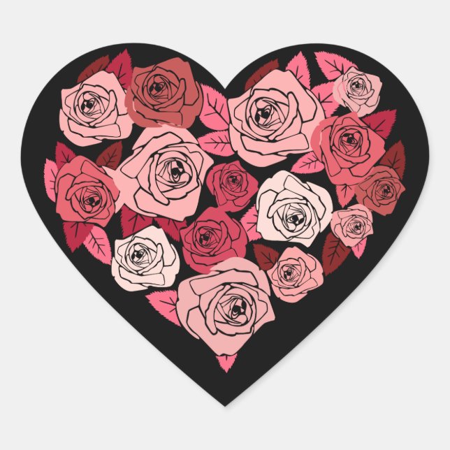 Heart and Pink Roses on Black Sticker Seal (Front)