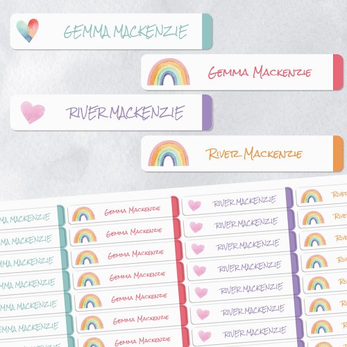 Heart and Rainbow Color Coded Girl Waterproof Name Labels