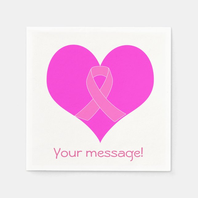 Heart and Ribbon Breast Cancer Charity Design Paper Napkins (Front)