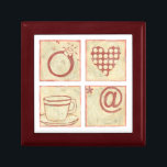 Heart and Ring Woodblock Drawings Gift Box<br><div class="desc">These red woodblock drawings by Chariklia Zarris show a ring,  a heart,  a cup and the symbol for "at" and an asterisk. An eclectic group of objects to place together in a work but captivating nonetheless. Purchase your copy of this wonderful piece today!</div>