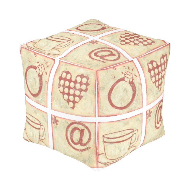 Heart and Ring Woodblock Drawings Pouf (Angled Front)