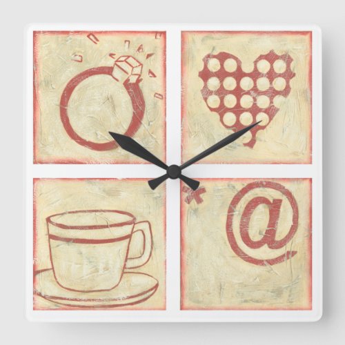 Heart and Ring Woodblock Drawings Square Wall Clock