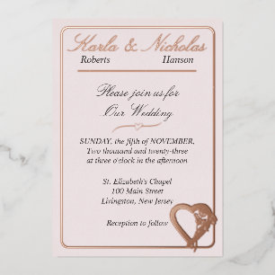 Heart And Rose Flowers, Blush Pink Wedding Foil Invitation