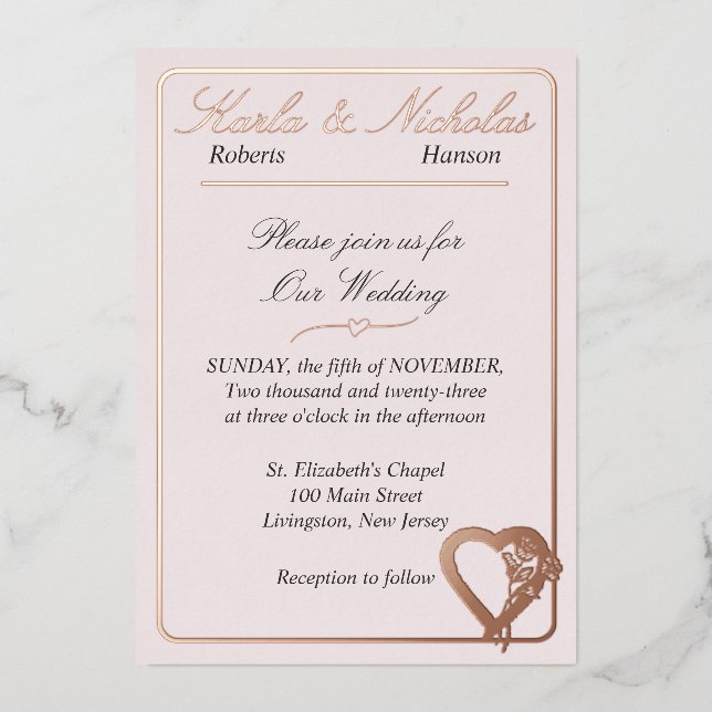 Heart And Rose Flowers, Blush Pink Wedding Foil Invitation (Front)