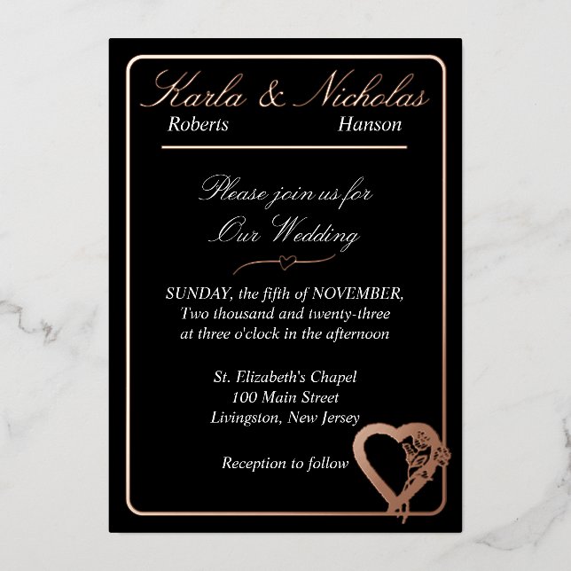 Heart And Rose Flowers, Elegant Black Wedding Foil Invitation (Front)