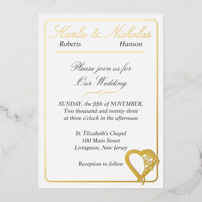 Heart And Rose Flowers,  Elegant White Wedding Foil Invitation (Front)