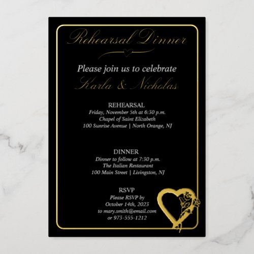 Heart And Rose Flowers Rehearsal Dinner Foil Invitation