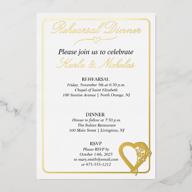 Heart And Rose Flowers Rehearsal Dinner Foil Invitation (Front)