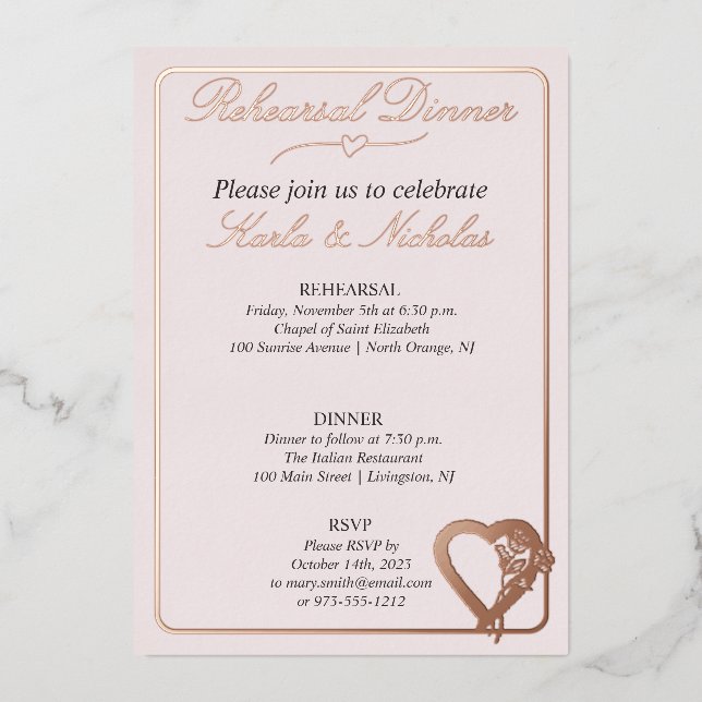 Heart And Rose Flowers Rehearsal Dinner Foil Invitation (Front)