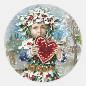 "heart And Snow" Vintage Christmas Classic Round Sticker by ChristmasVintage at Zazzle