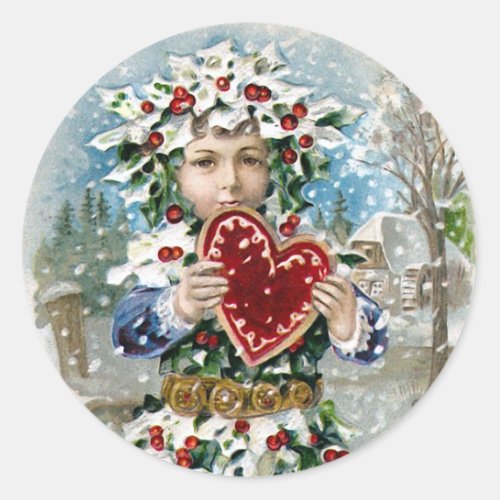 Heart and Snow Vintage Christmas Classic Round Sticker