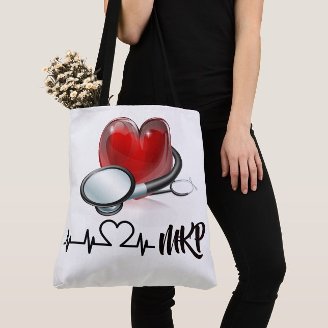 Heart and Stethoscope Large Monogram Tote (Close Up)