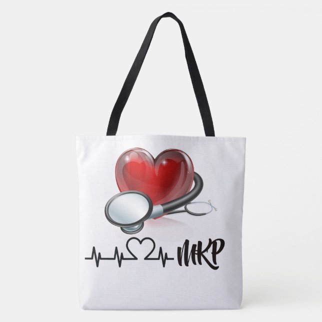 Heart and Stethoscope Large Monogram Tote Bag (Front)