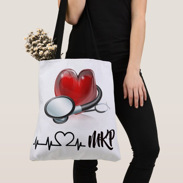 Heart and Stethoscope Large Monogram Tote Bag (Close Up)