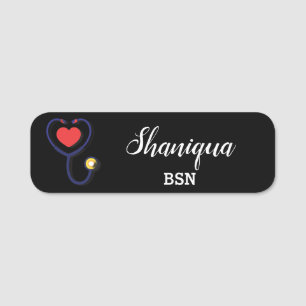 Heart and Stethoscope Medical Black Name Tag