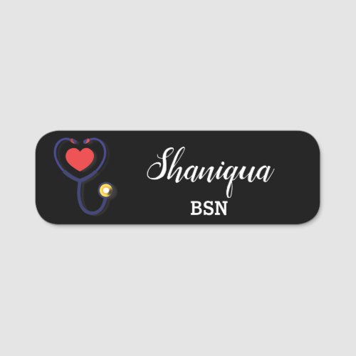 Heart and Stethoscope Medical Black Name Tag