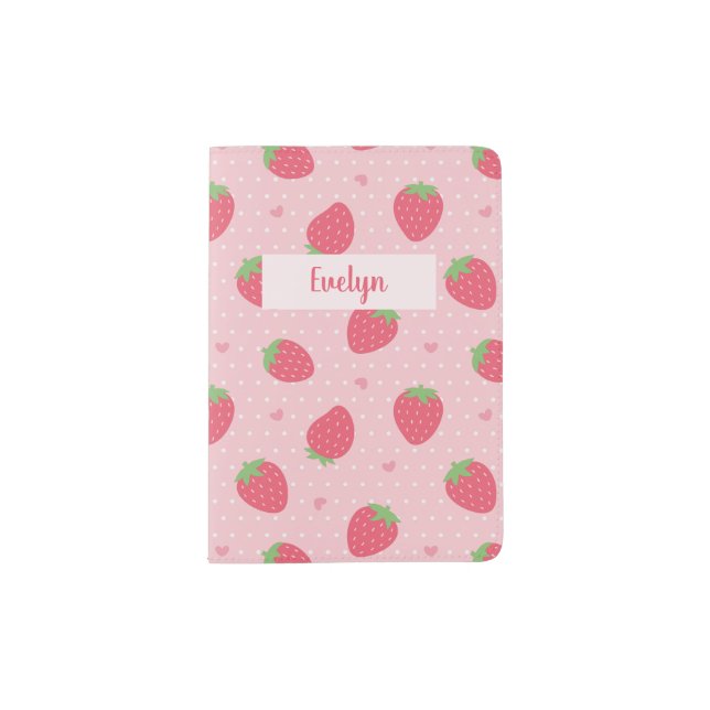 Heart and Strawberry Pattern, Personalized Pink Passport Holder (Front)