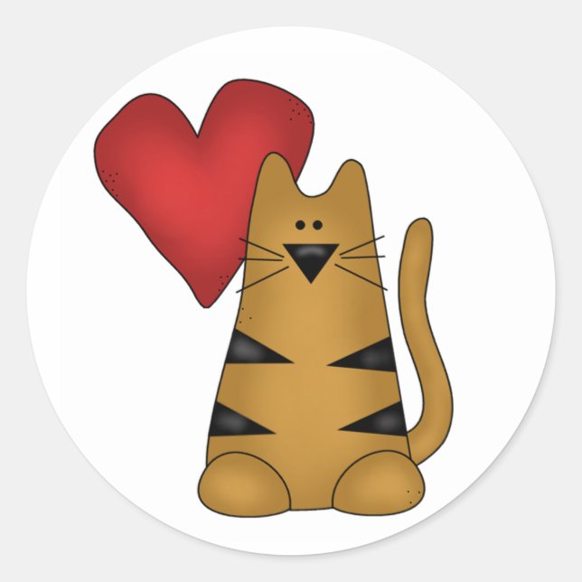 Heart and Striped Cat Classic Round Sticker (Front)