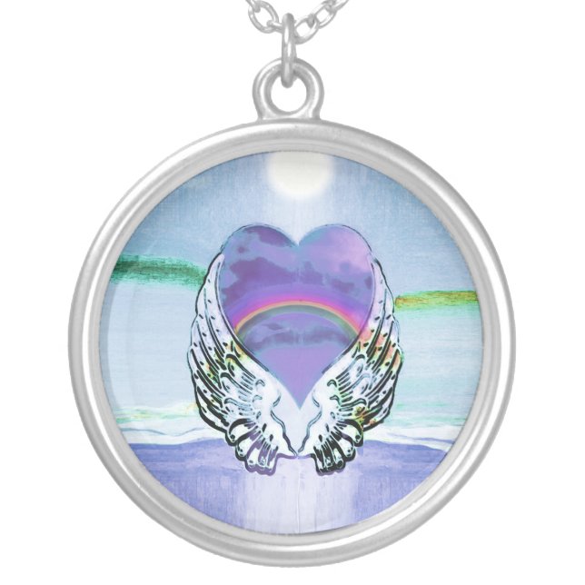 Heart, Angel Wings & Ocean Silver Plated Necklace (Front)