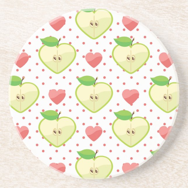 Heart Apples with Pink Polka Dots And Hearts Sandstone Coaster (Front)